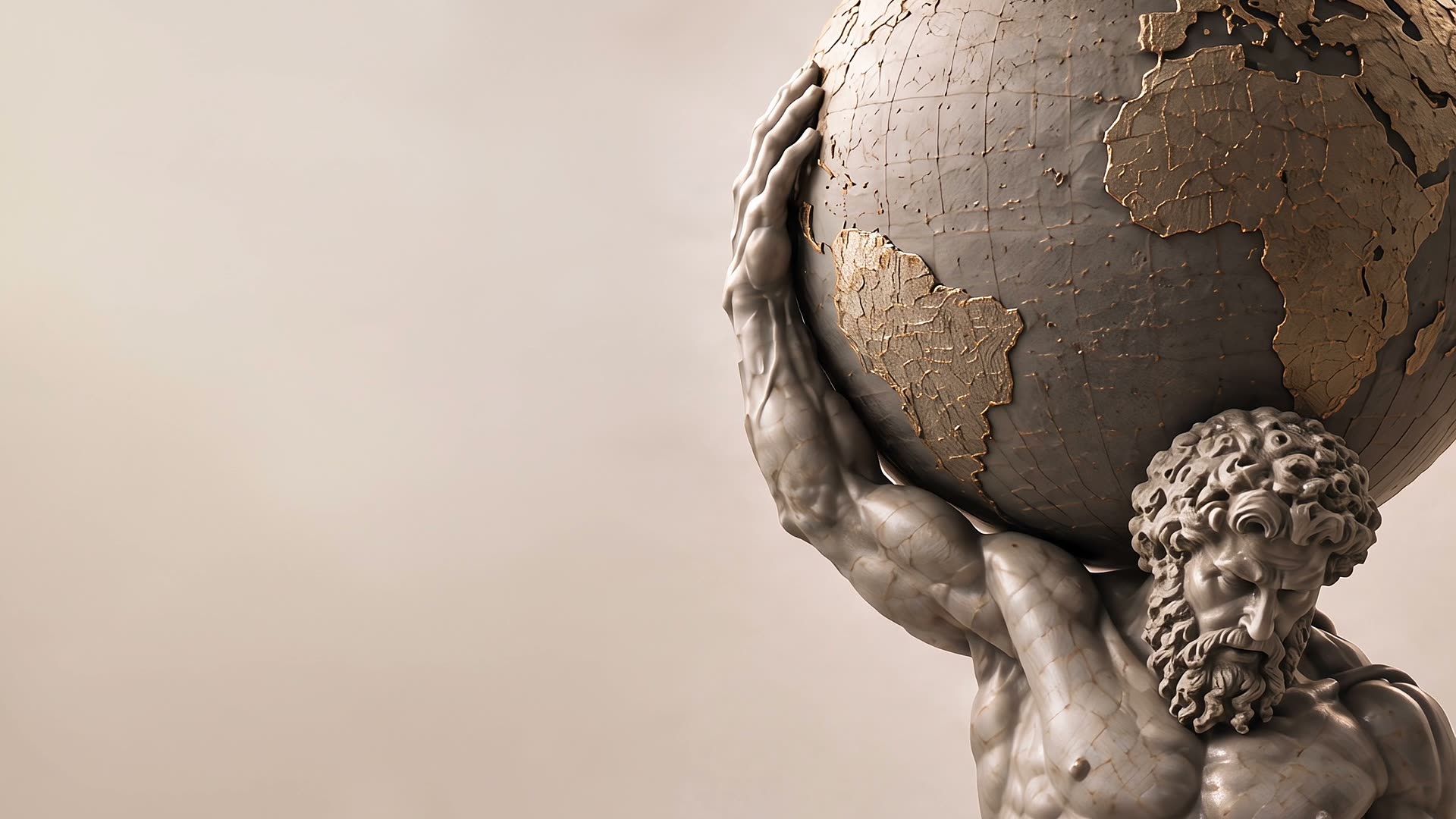 Escultura clásica de Atlas sosteniendo un globo terráqueo con los continentes trazados en oro